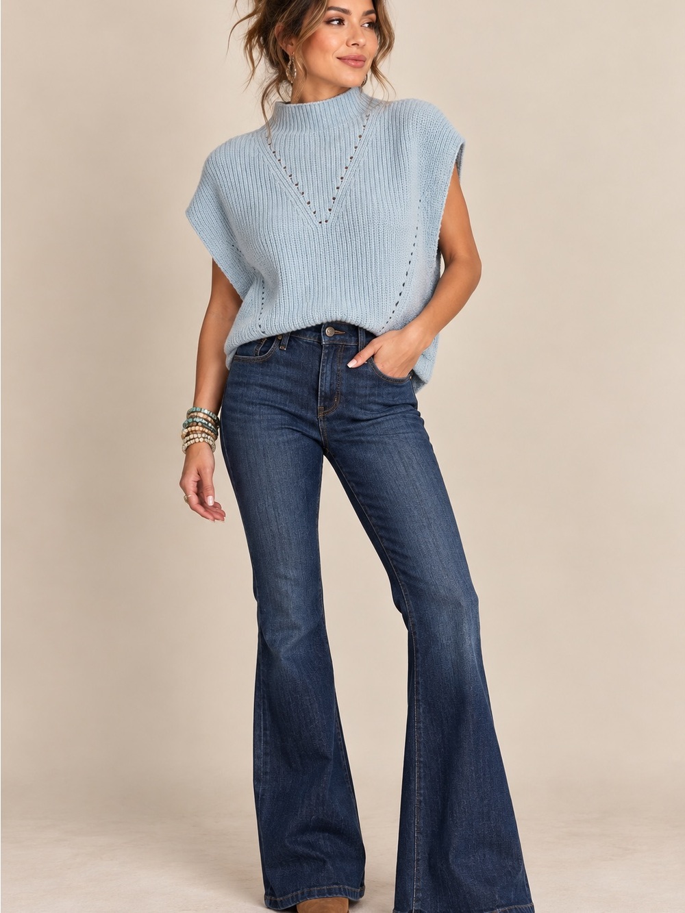 THML Light Blue Knit Cap-Sleeve Sweater Top